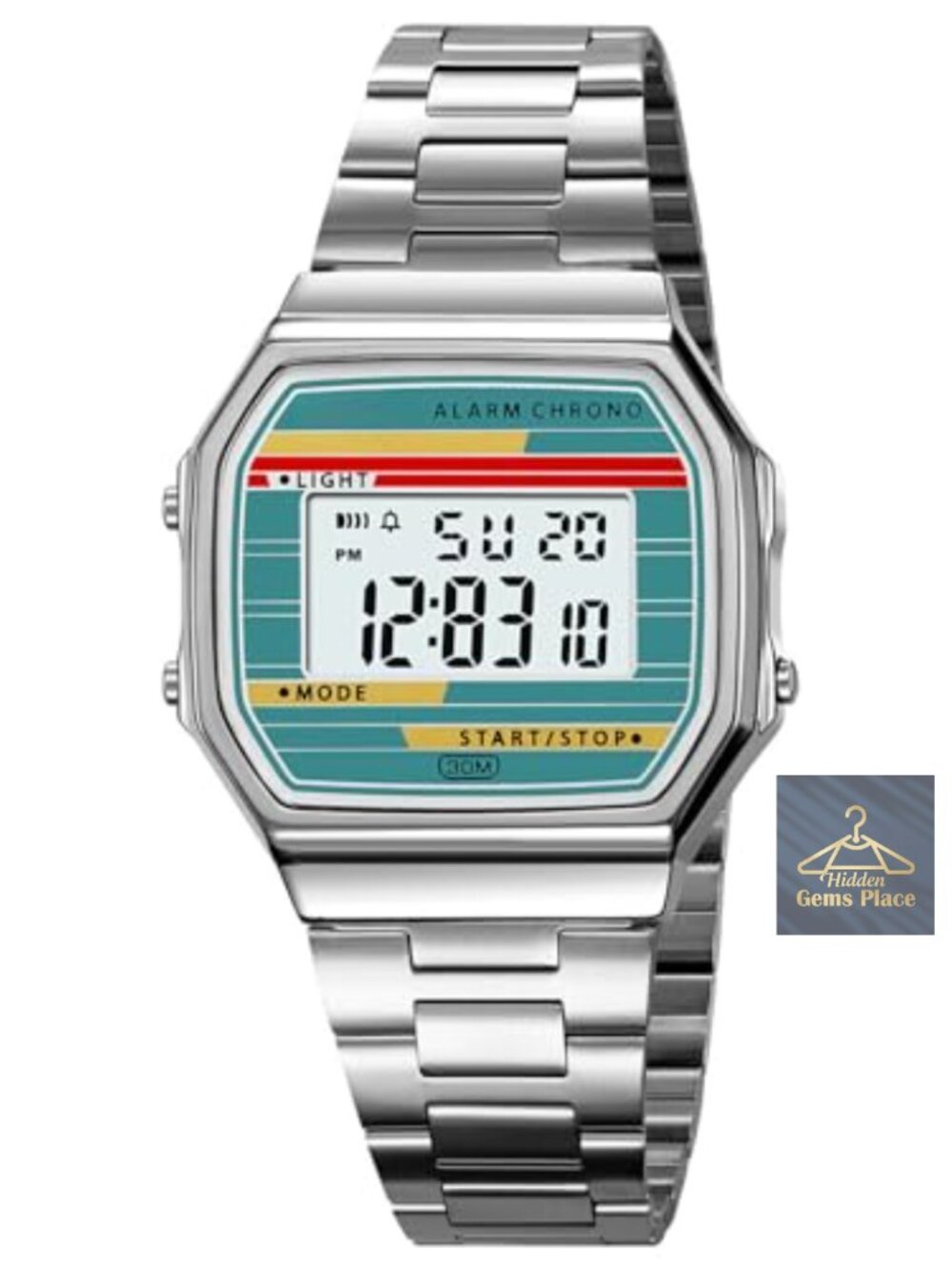 Retro Digital Watch Stainless Steel Band Square Dial Alarm Timer